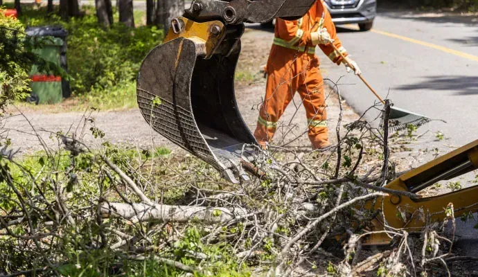 Worker in orange suit uses an excavator to clear brush along a road.