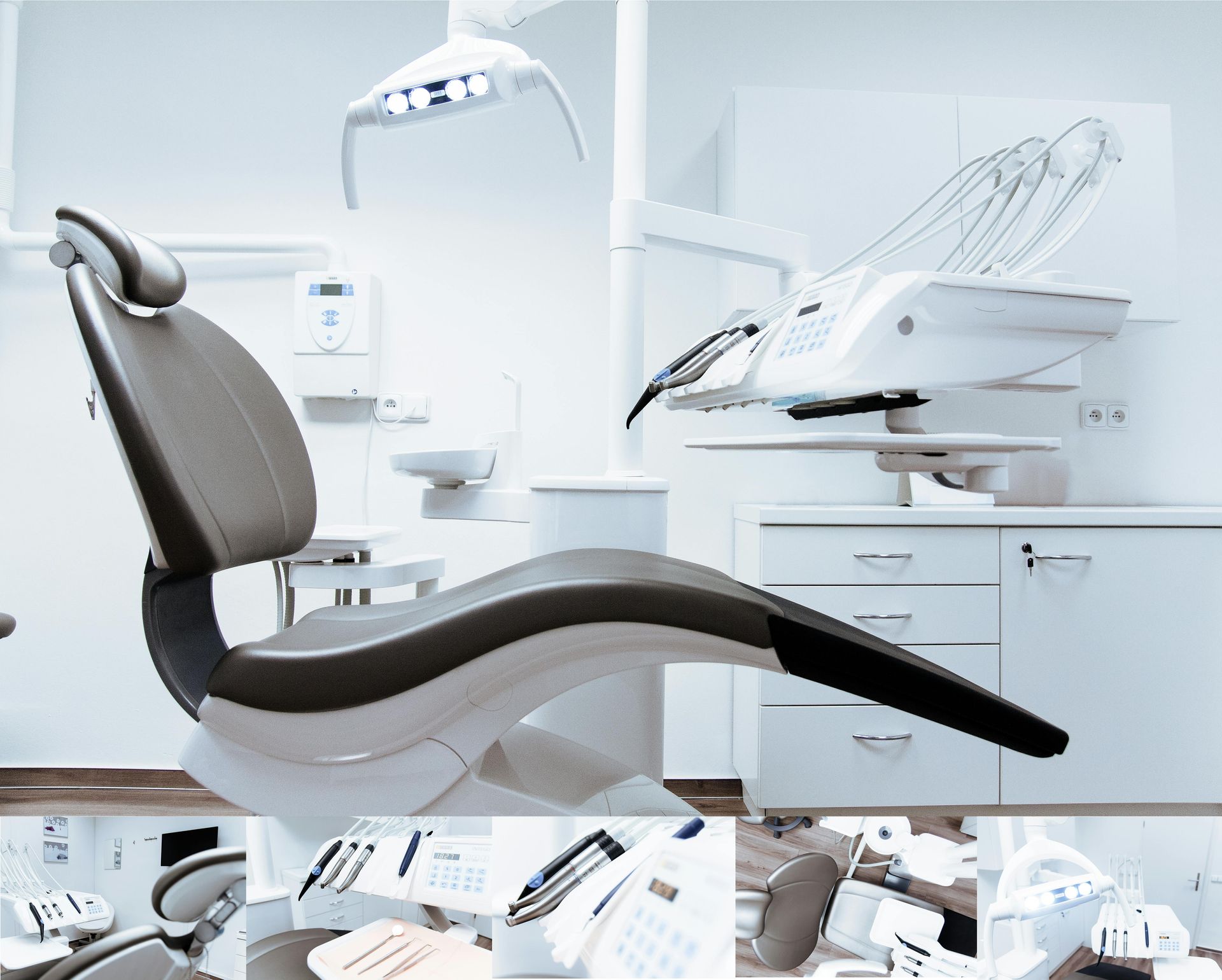 Dental chair and equipment in a bright, white dentist's office.