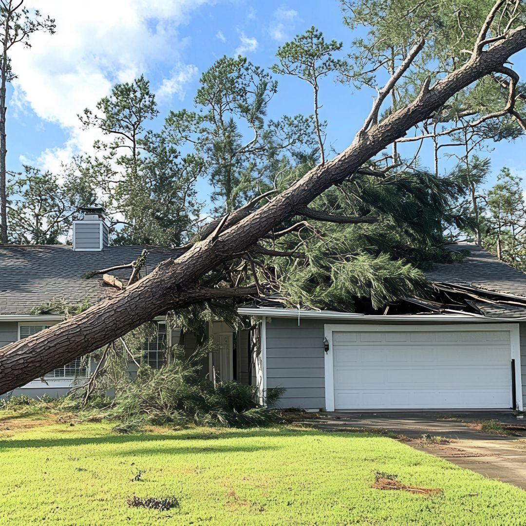 Tree fallen on a house roof, likely from storm damage; green lawn, blue-gray house, white garage door, blue sky.