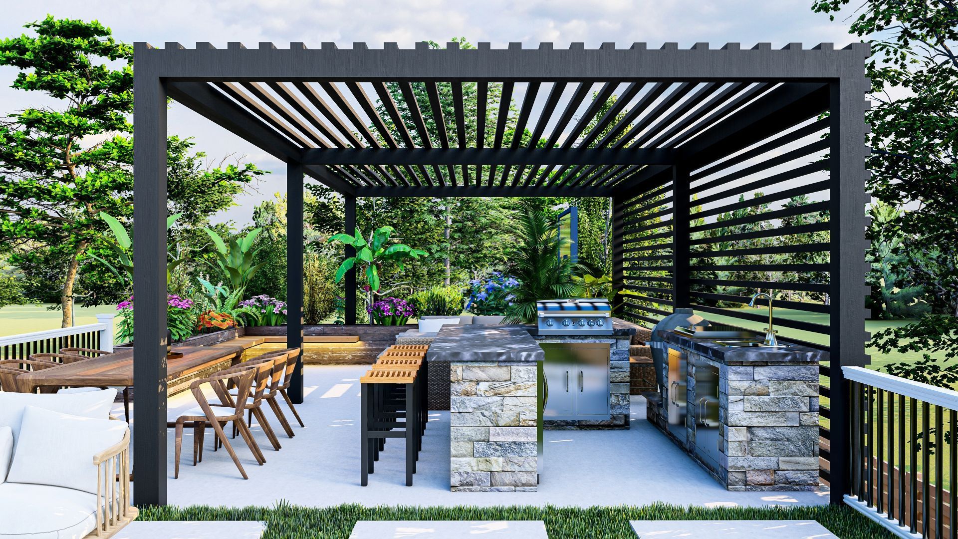 A modern outdoor patio with a black pergola, stone kitchen, grill, and seating area in a lush green backyard.