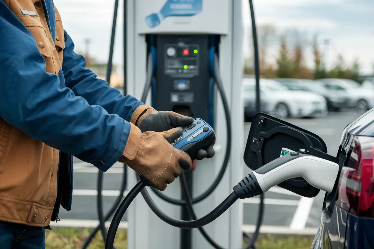 A man is charging an electric car at a charging station.