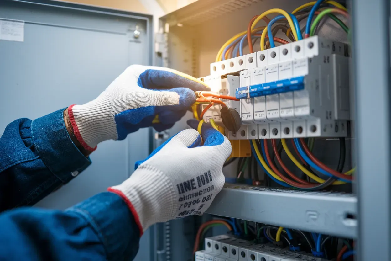 An electrician is working on an electrical box with a screwdriver.