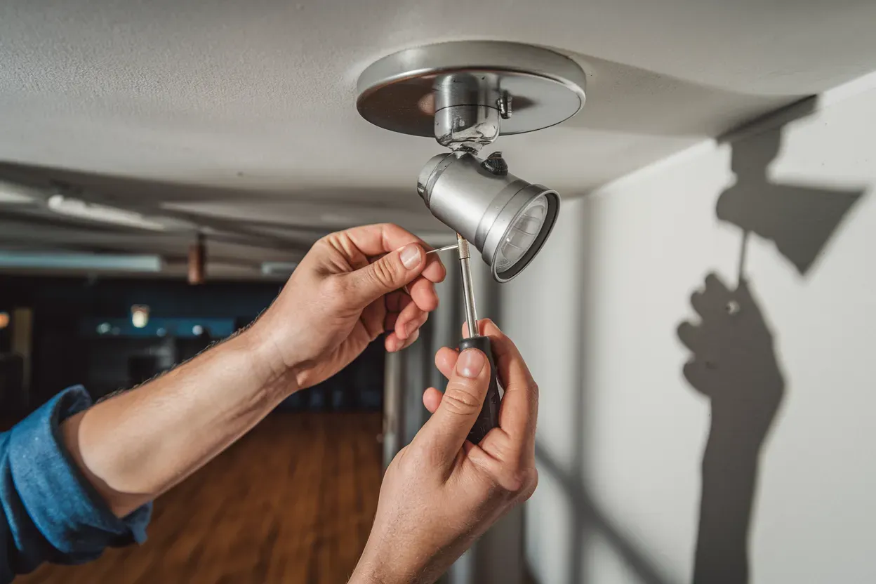 A man is installing a light fixture on the ceiling with a screwdriver.