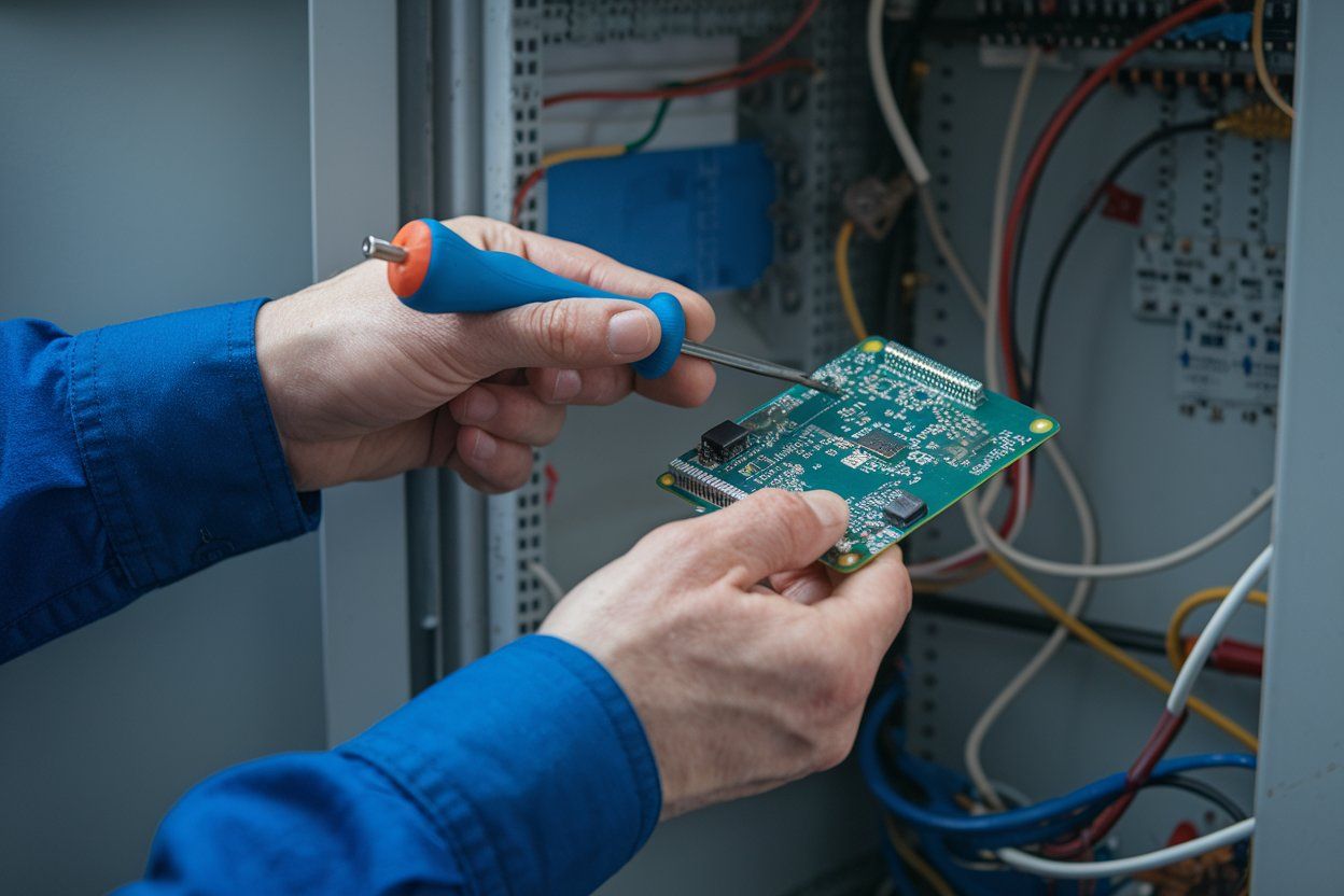 A man is fixing a motherboard with a screwdriver.