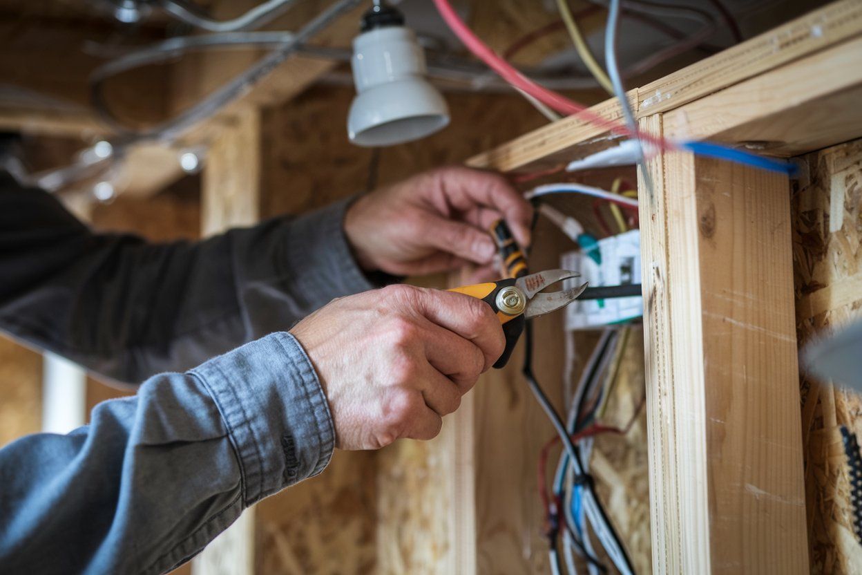 A man is working on an electrical box in a house.