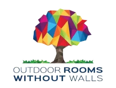 Colorful geometric tree logo above the words &ldquo;OUTDOOR ROOMS WITHOUT WALLS&rdquo;