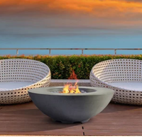 Modern patio with two white lounge chairs around a central fire pit at sunset