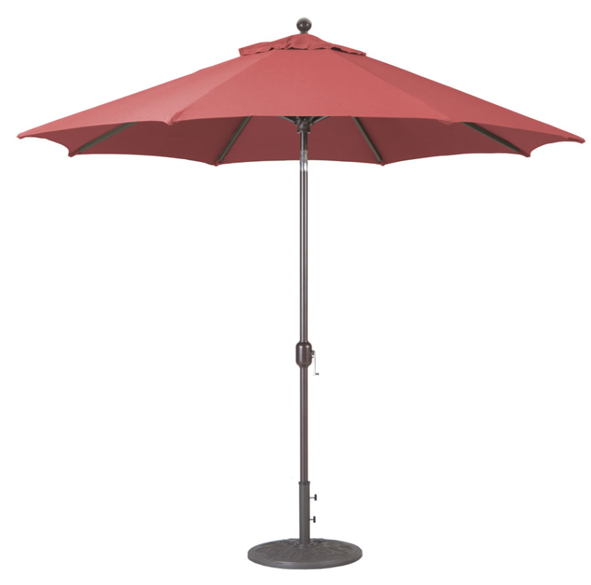 Red patio umbrella on a silver pole with round base, isolated on a white background