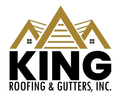 King Roofing & Gutters, Inc. logo: gold roof shapes above bold, black "KING" text and company name.