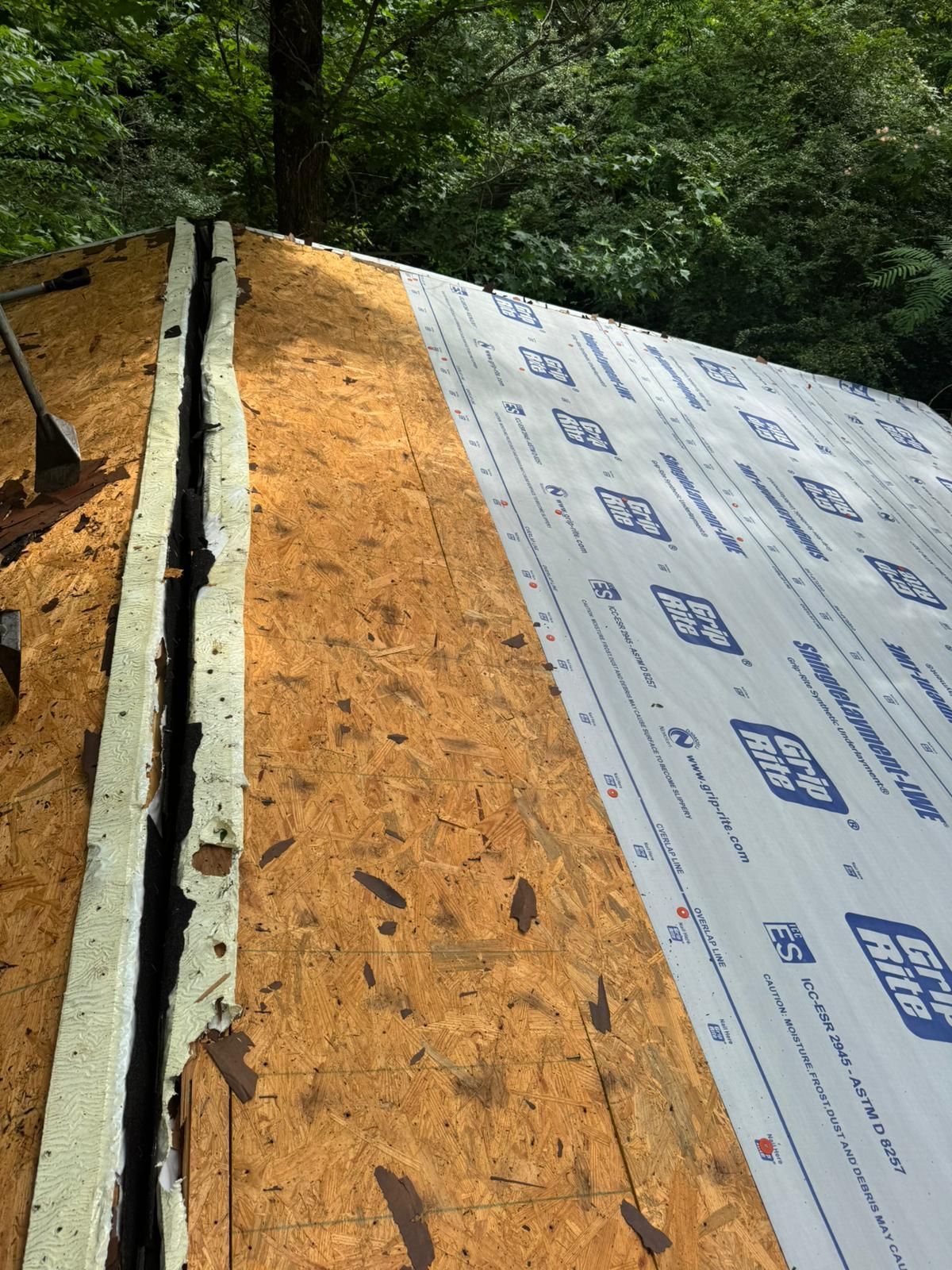 Roof construction: OSB sheathing, ice and water shield, and a gap, with a backdrop of green trees.