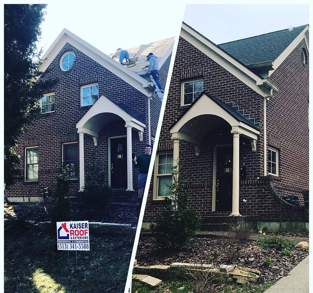 A before and after picture of a brick house with a green roof.