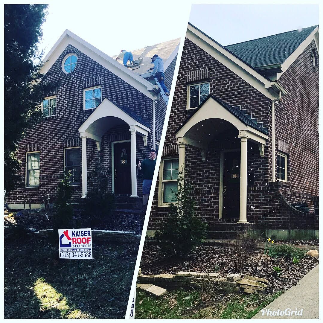 A before and after picture of a brick house with a green roof.