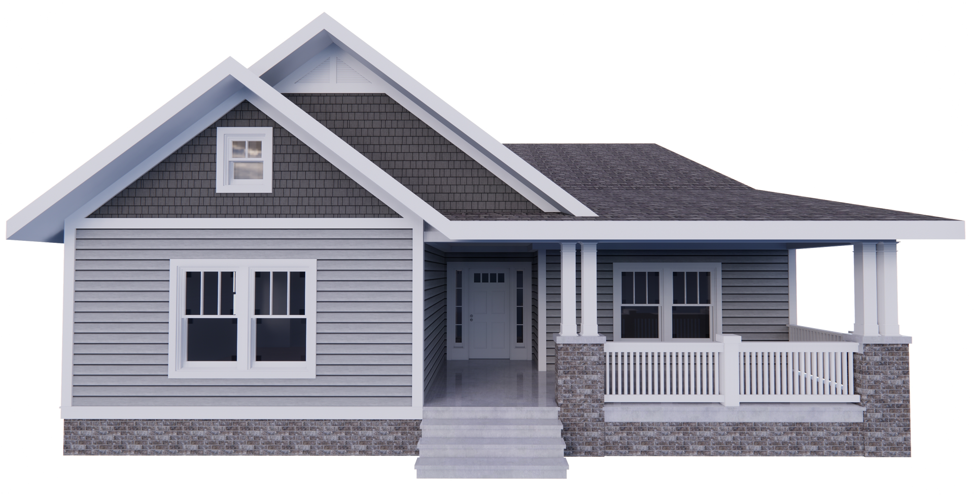A 3d model of a house with a porch on a white background.
