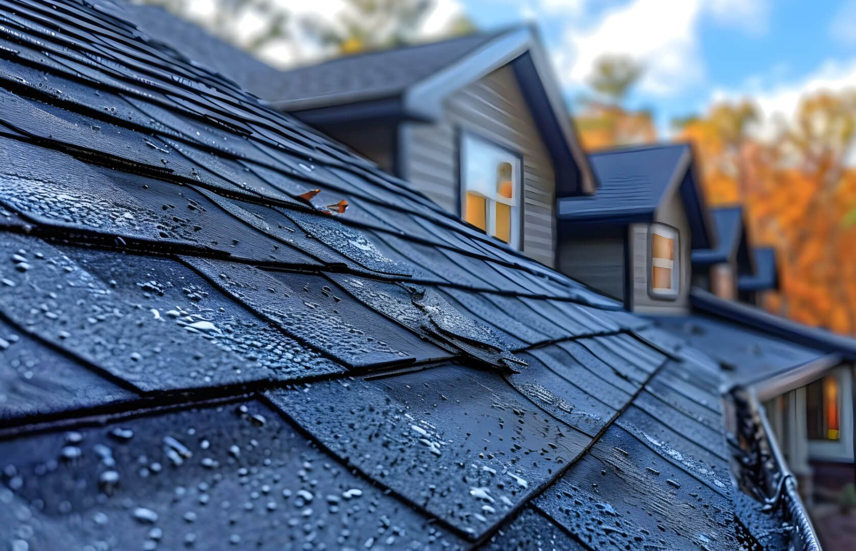A close up of a roof with water drops on it.