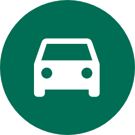 White car icon on a green circle background.