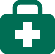 Green first aid kit with white cross.