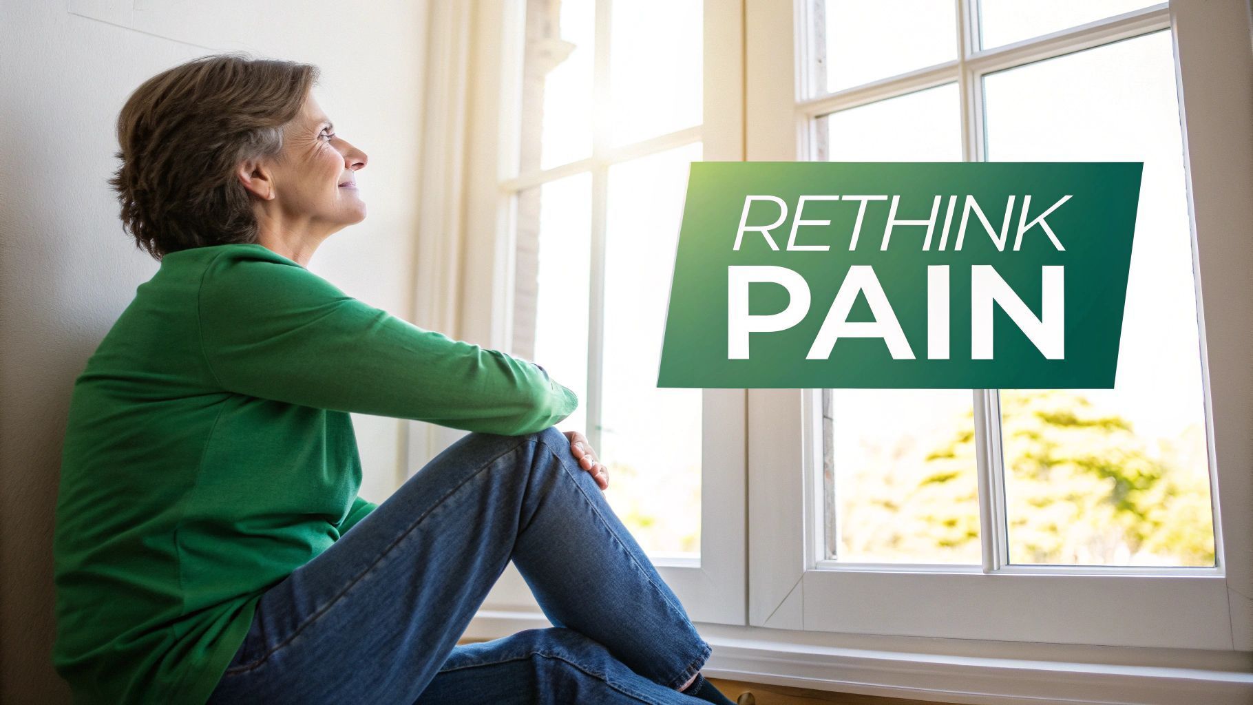 Woman sitting by a window, looking up thoughtfully; text 
