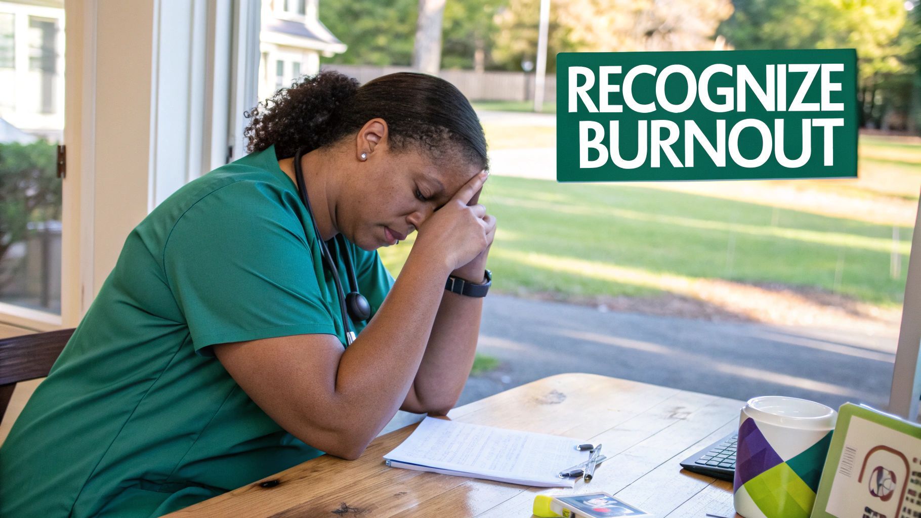 A medical professional, head in hands, appears stressed while seated at a table. 