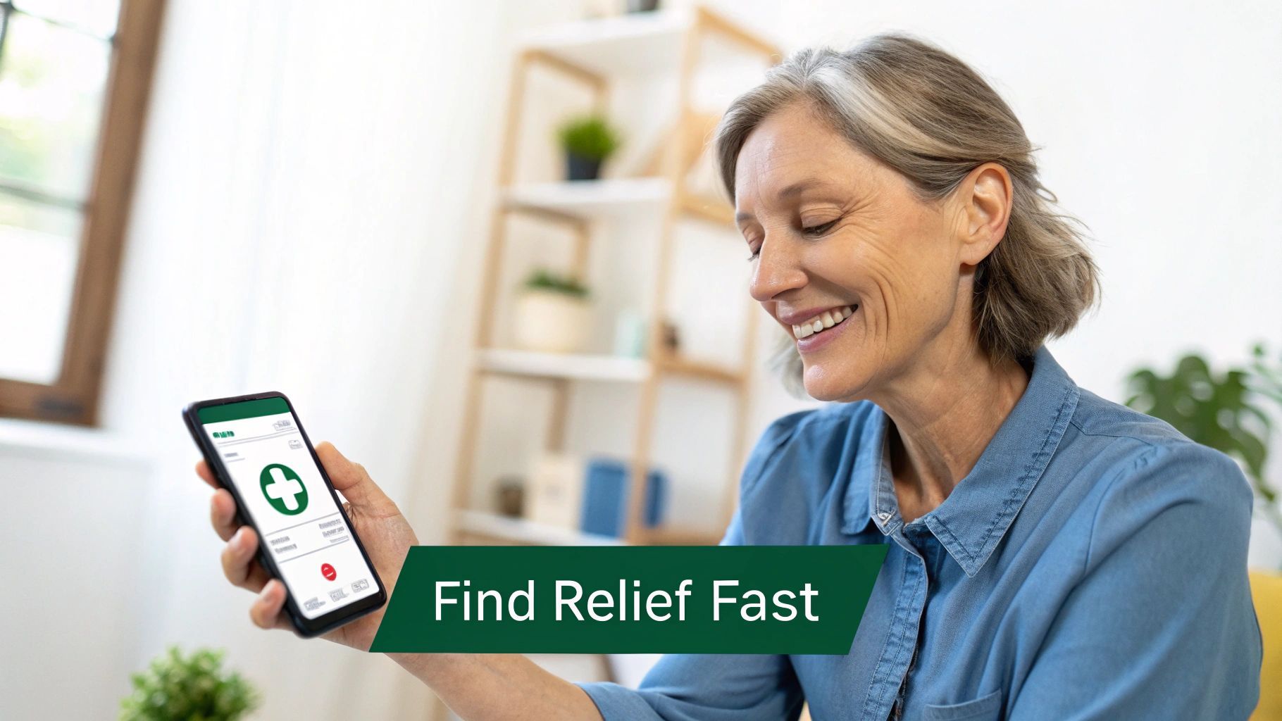 Woman smiles at phone screen displaying medical app, text reads