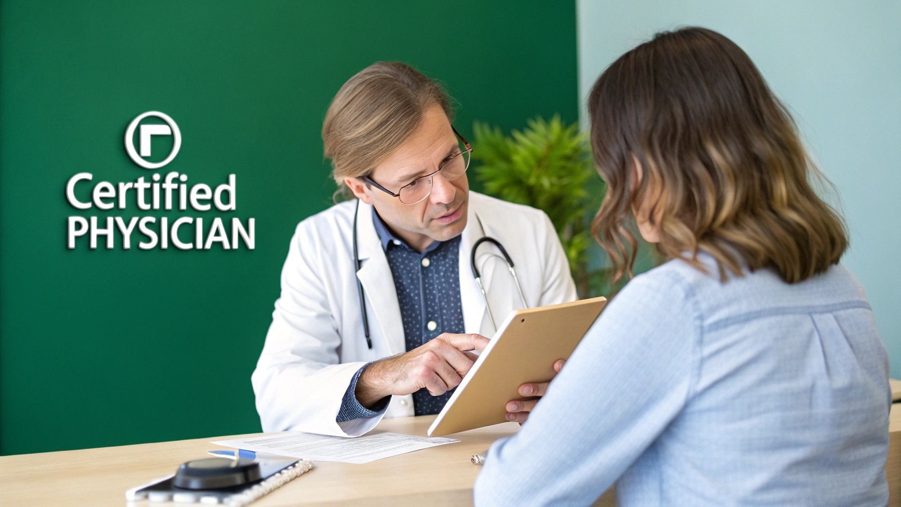 Doctor in white coat reviewing paperwork with patient in office setting.