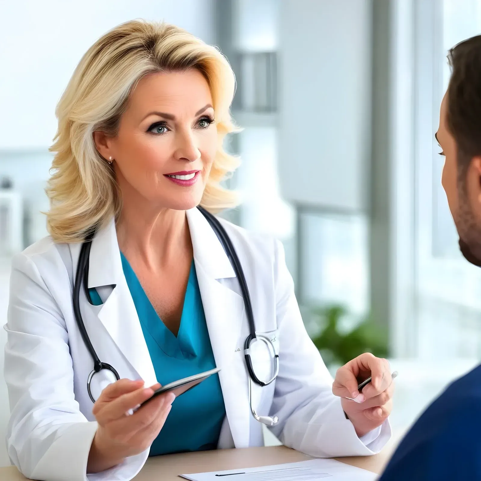 Doctor in a white coat with a stethoscope consults with a patient at a desk, holding a tablet and pen.