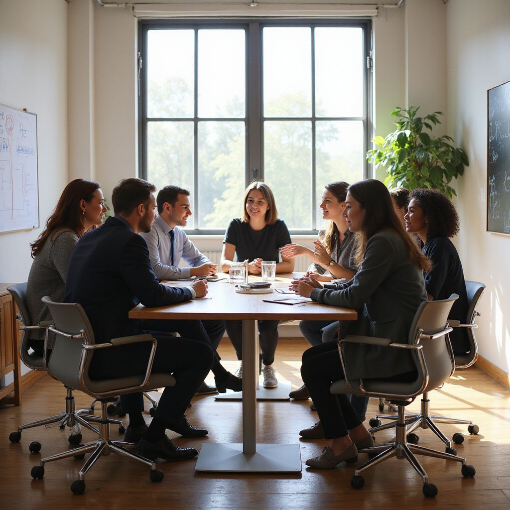 Group of professionals in a bright conference room seated around a table, discussing a topic.