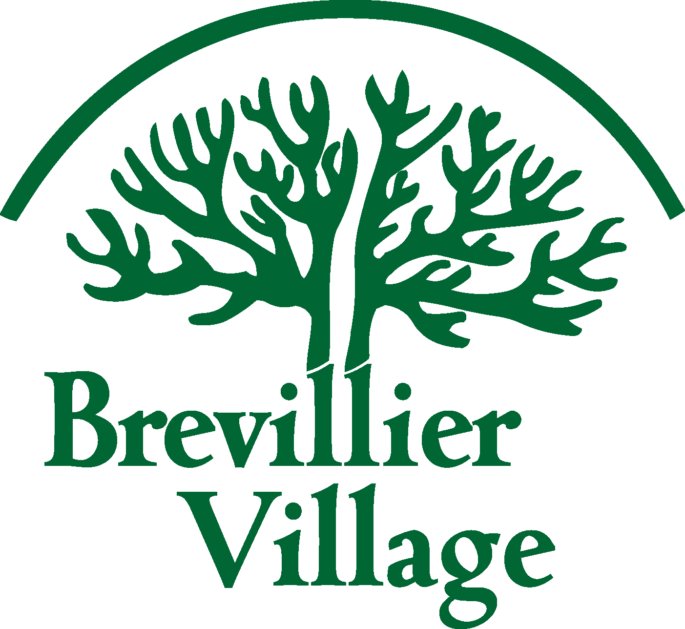 Logo for Brevillier Village featuring a stylized green tree silhouette under an arch, with the text below.