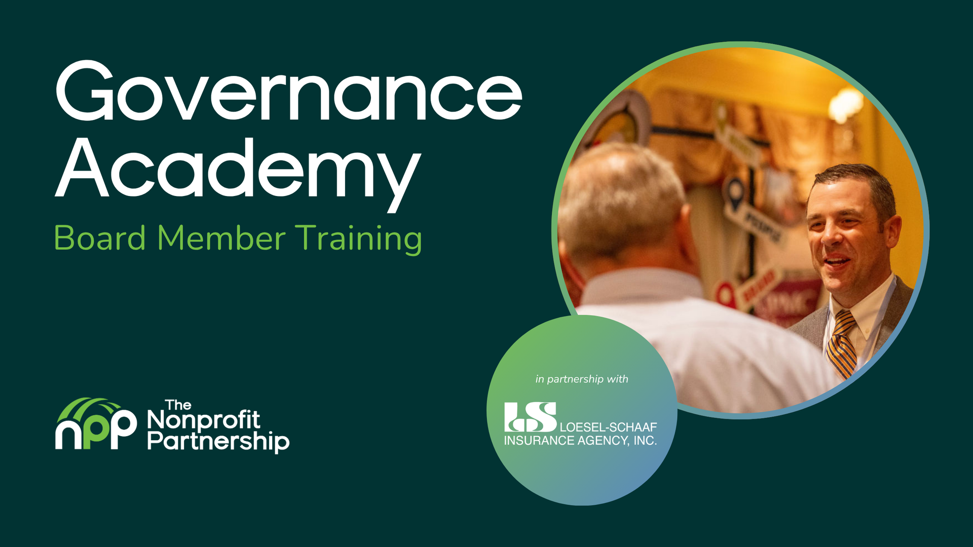 A promotional graphic for a board member training session titled Governance Academy, sponsored by Larson Kellett.