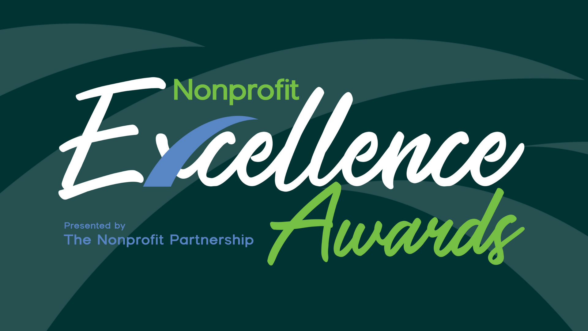 Logo for the Nonprofit Excellence Awards presented by The Nonprofit Partnership, with white and green text on dark green.