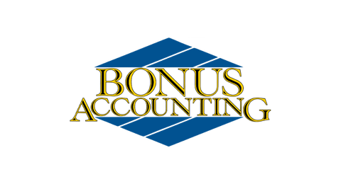 Bonus Accounting logo: Gold text on a blue hexagonal background with thin white diagonal lines.