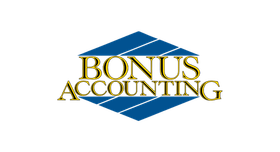 Bonus Accounting logo: Gold text on a blue hexagonal background with thin white diagonal lines.