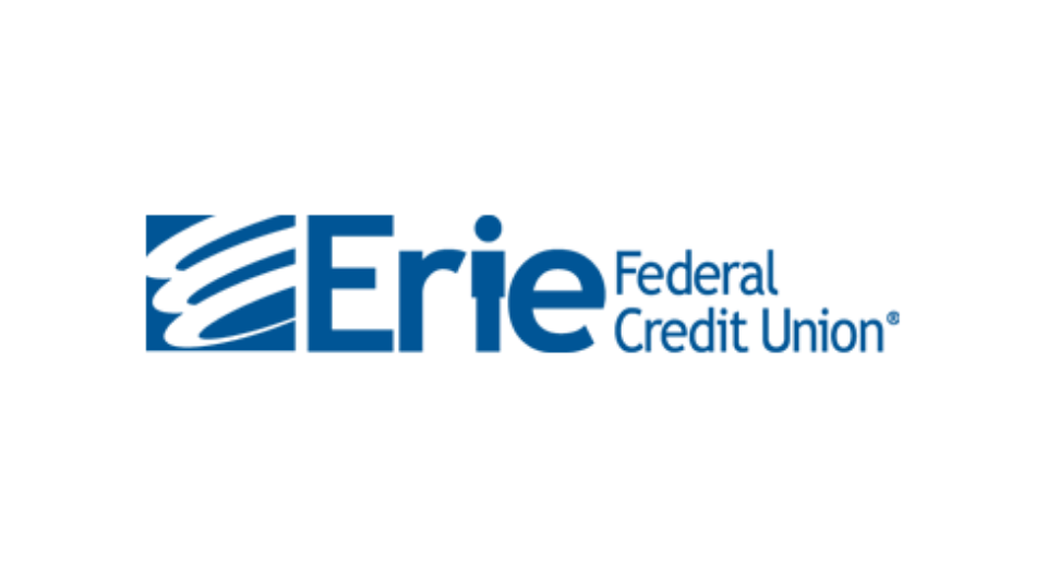 Blue logo for Erie Federal Credit Union featuring a stylized wave graphic and the organization name.