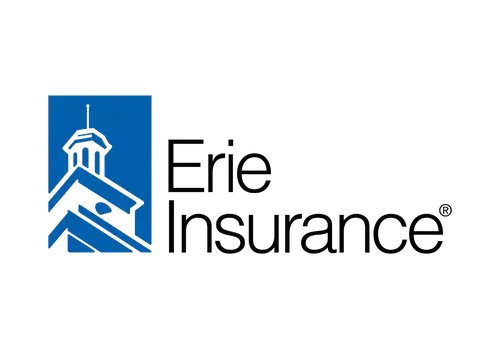 Erie Insurance logo featuring a stylized white building silhouette on a blue rectangle next to the text