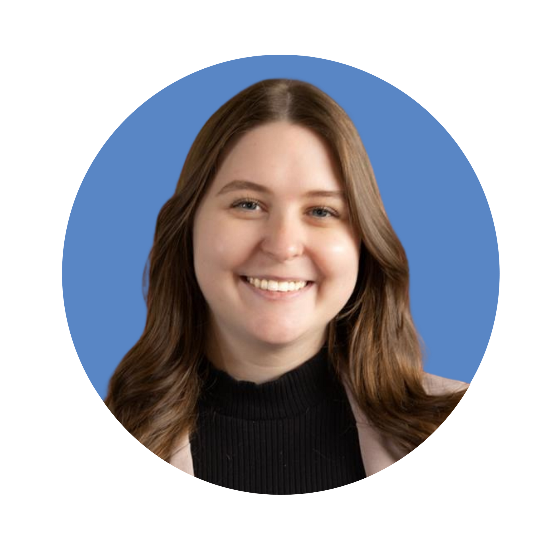 A smiling person with long brown hair wearing a black top against a circular blue background.