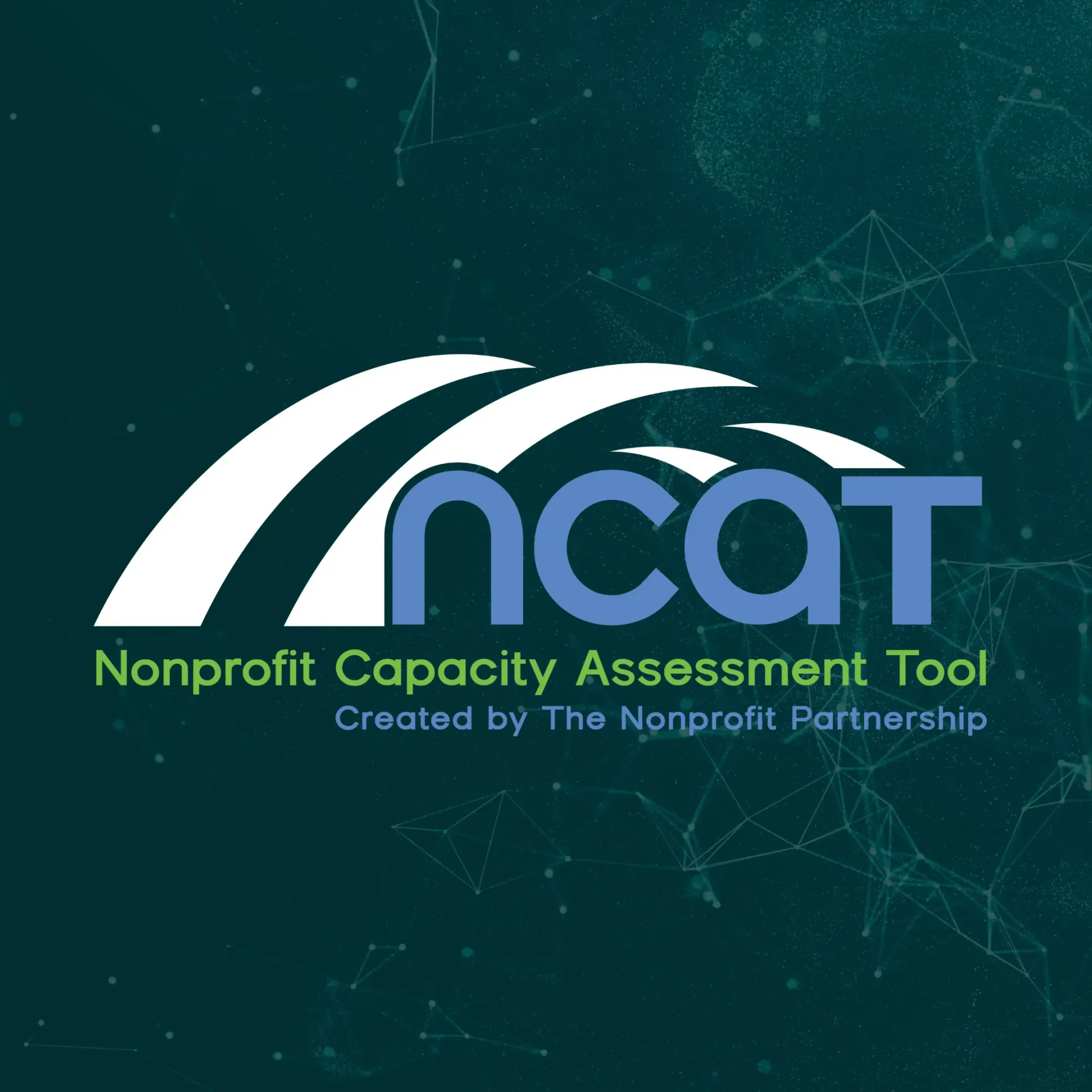 Logo for the Nonprofit Capacity Assessment Tool (NCAT), featuring blue text and white arches on a dark teal background.