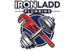 Logo for IronLadd Plumbing featuring a red pipe wrench crossed with a grey dumbbell over a navy blue circle.