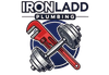 Logo for IronLadd Plumbing featuring a red pipe wrench crossed with a grey dumbbell over a navy blue circle.