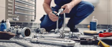 A plumber in blue overalls is working with plumbing tools in a bathroom.