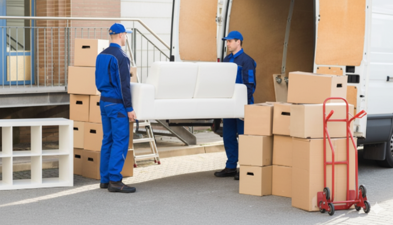 Two movers in blue uniforms carrying a white couch out of a van, surrounded by boxes.
