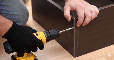 A person in a black glove uses a yellow drill to assemble a brown cabinet.