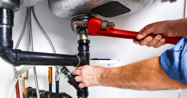 Plumber using a red wrench to work on black pipes under a sink in a white setting.