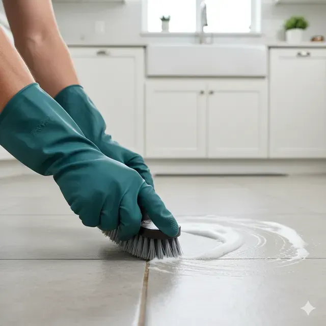 Hands in green gloves scrubbing a floor with a brush and cleaning solution in a white kitchen.