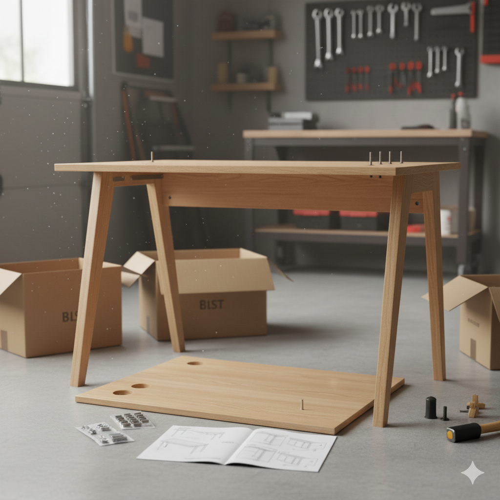 Desk assembly in a workshop, wooden table legs and top, boxes, tools, and instructions on the floor.