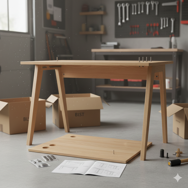Desk assembly in a workshop, wooden table legs and top, boxes, tools, and instructions on the floor.