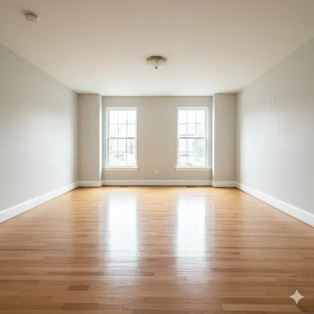 Empty room with wood floors and two windows.