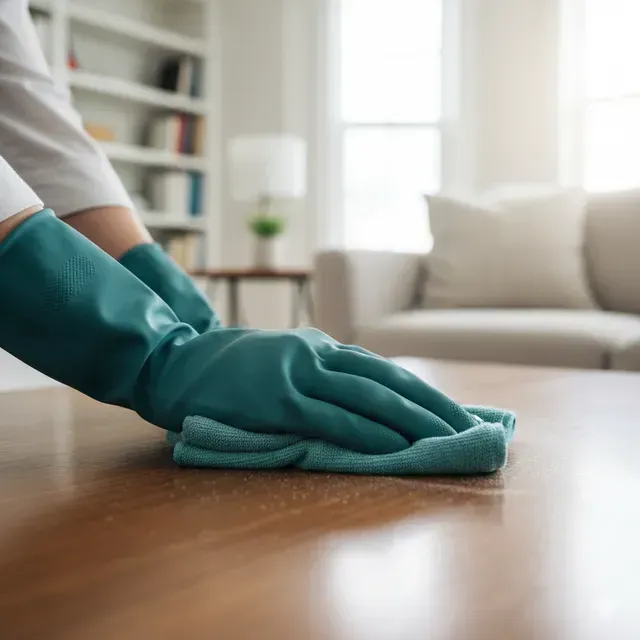 Hands in green gloves wiping a wooden table with a blue cloth, in a living room.