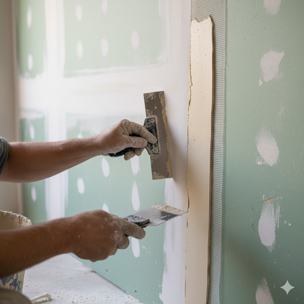 Person applying drywall compound with a trowel to wall with mesh tape.