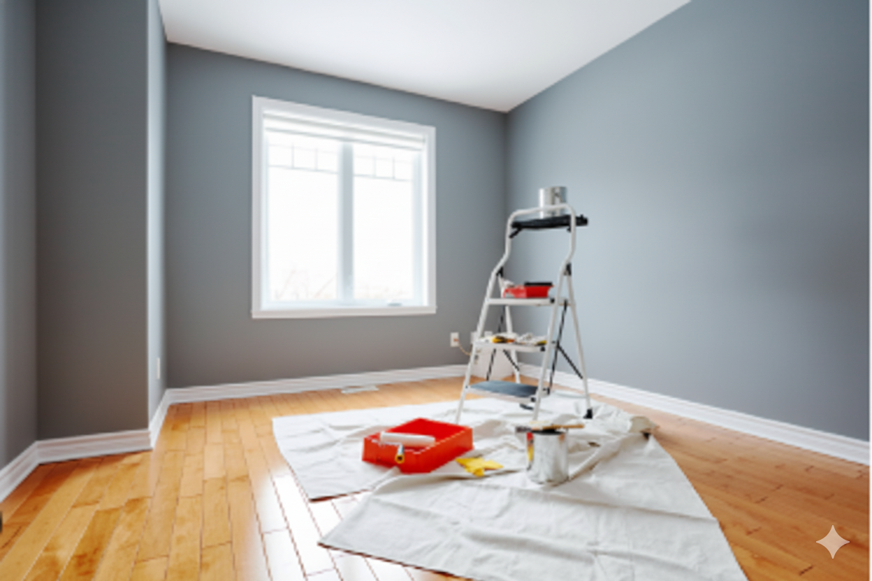 Room interior with gray walls, wood floor, paint supplies on a ladder, and a window.