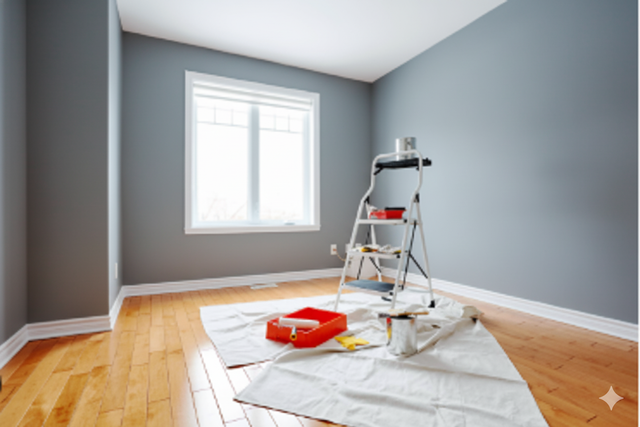 Room interior with gray walls, wood floor, paint supplies on a ladder, and a window.