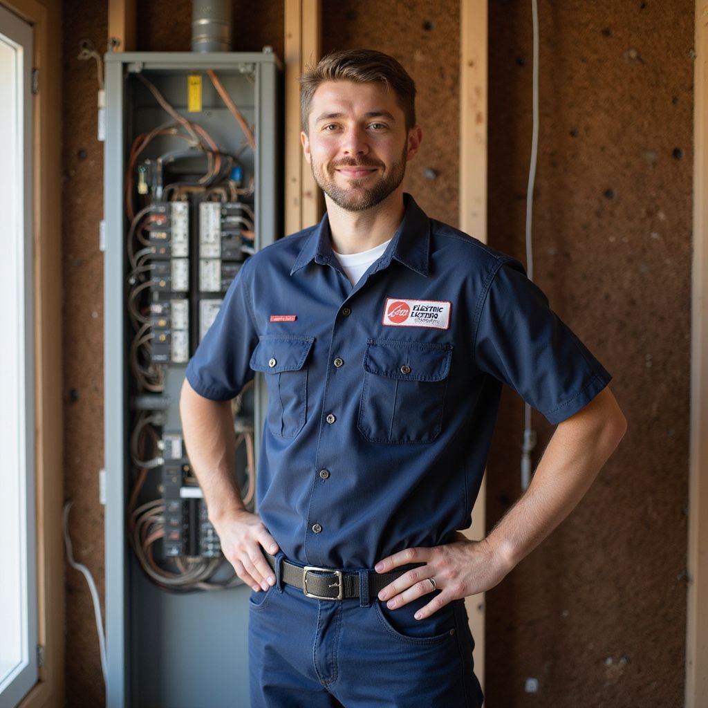 Electrician in blue uniform stands next to electrical panel, smiling with hands on hips.
